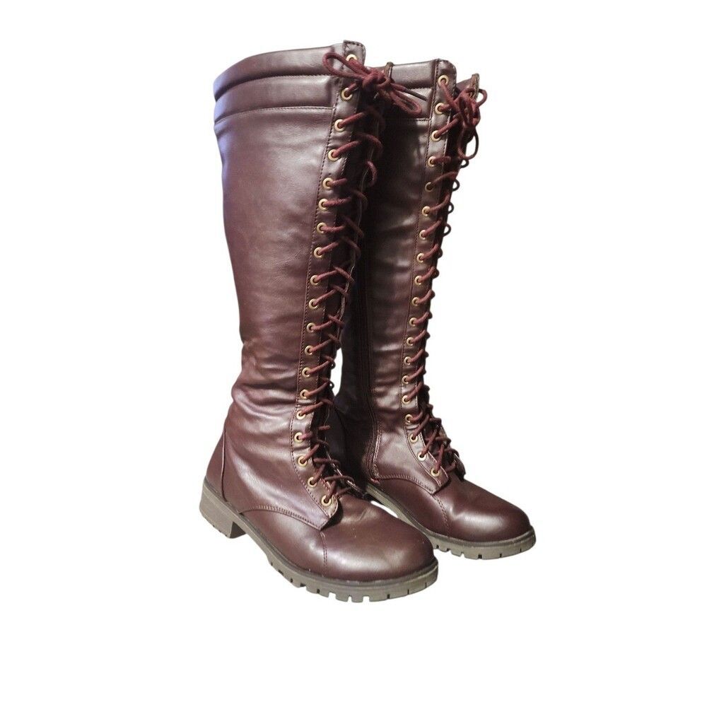 Combat Boots Buckle Casual PU-Leather Riding Fashion Tall Knee High Lace Up - Picture 2 of 7